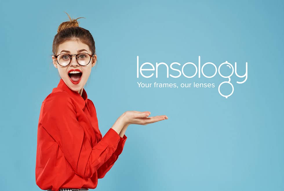 A person pointing to the Lensology logo