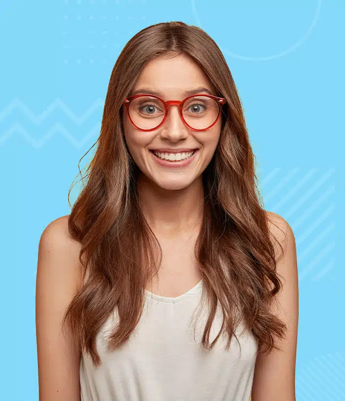 A woman wearing a pair of glasses with replacement lenses