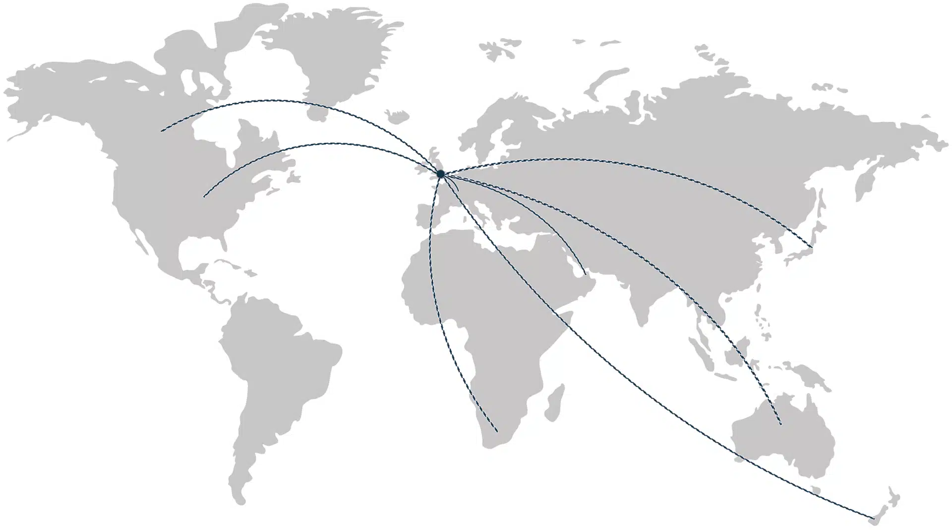 Map of the world with lines from the UK to all continents