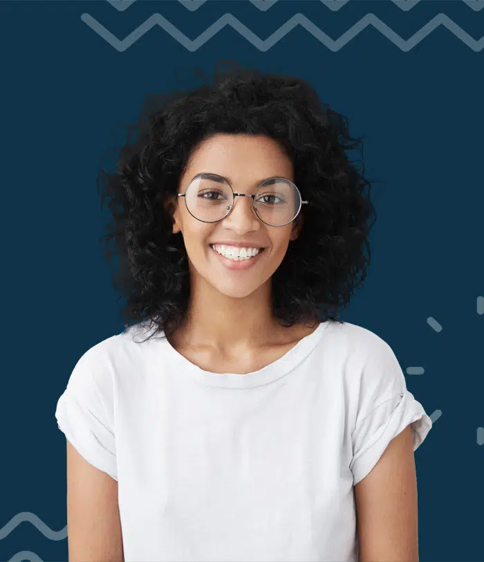 A woman wearing a pair of glasses with replacement lenses