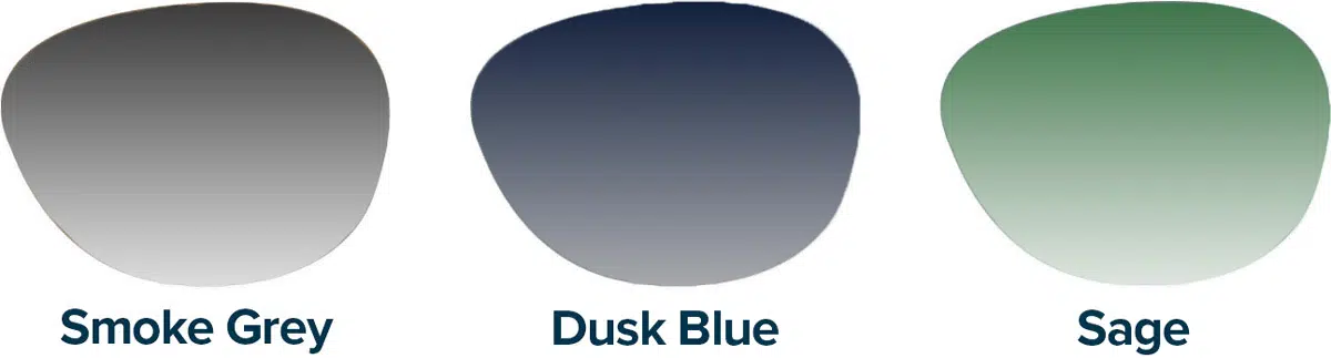 A variation of lens types, smoke grey, dusk blue and sage.