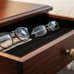 Two pairs of glasses sitting in open bedside drawer