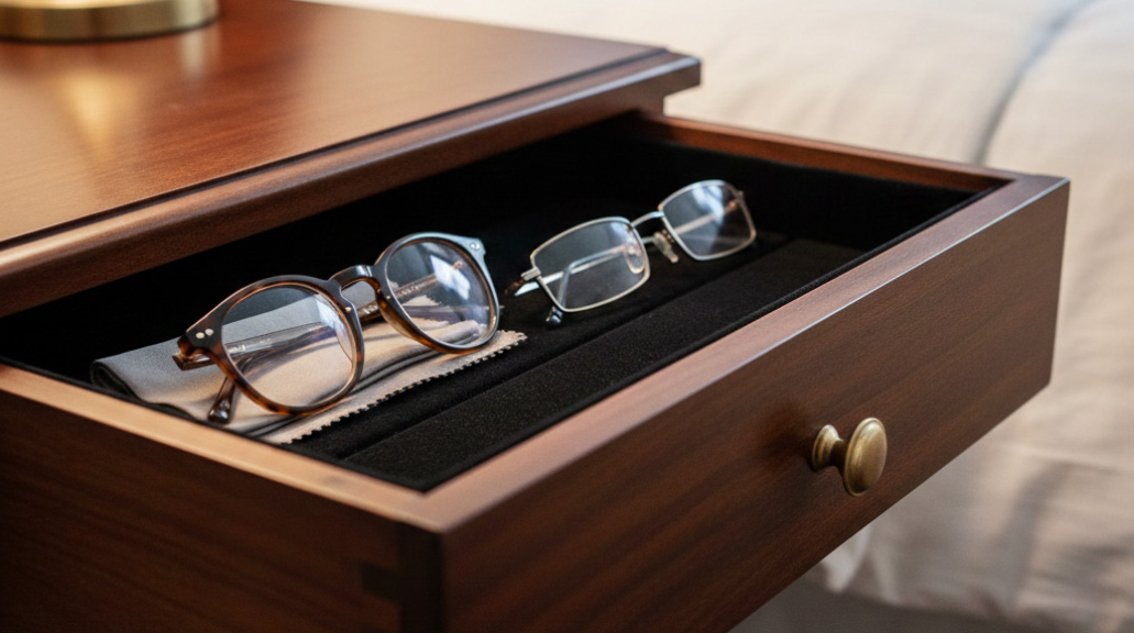 Two pairs of glasses sitting in open bedside drawer