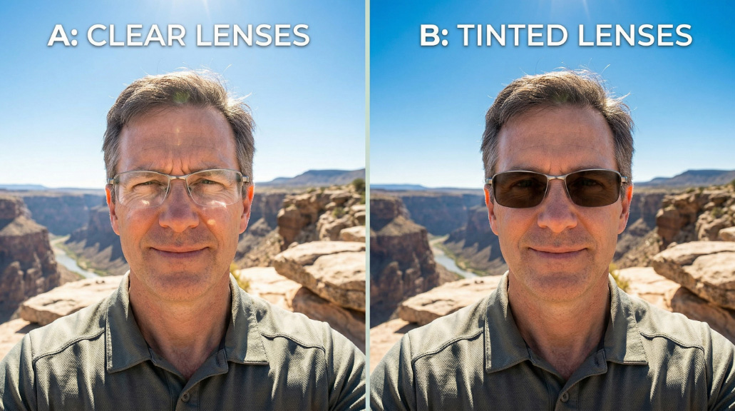 An image highlighting the difference between wearing clear lenses and tinted lenses in bright, sunny conditions. You can see how the person with clear lenses is visibly squinting against the harsh glare, while the person with tinted lenses seems more relaxed and at ease