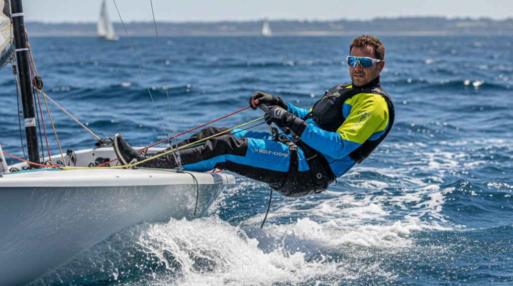 Man sailing boat wearing sports glasses