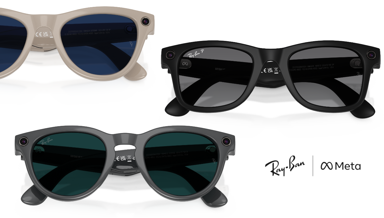 Three Ray-Ban Meta frames with the Ray-Ban Meta Logo