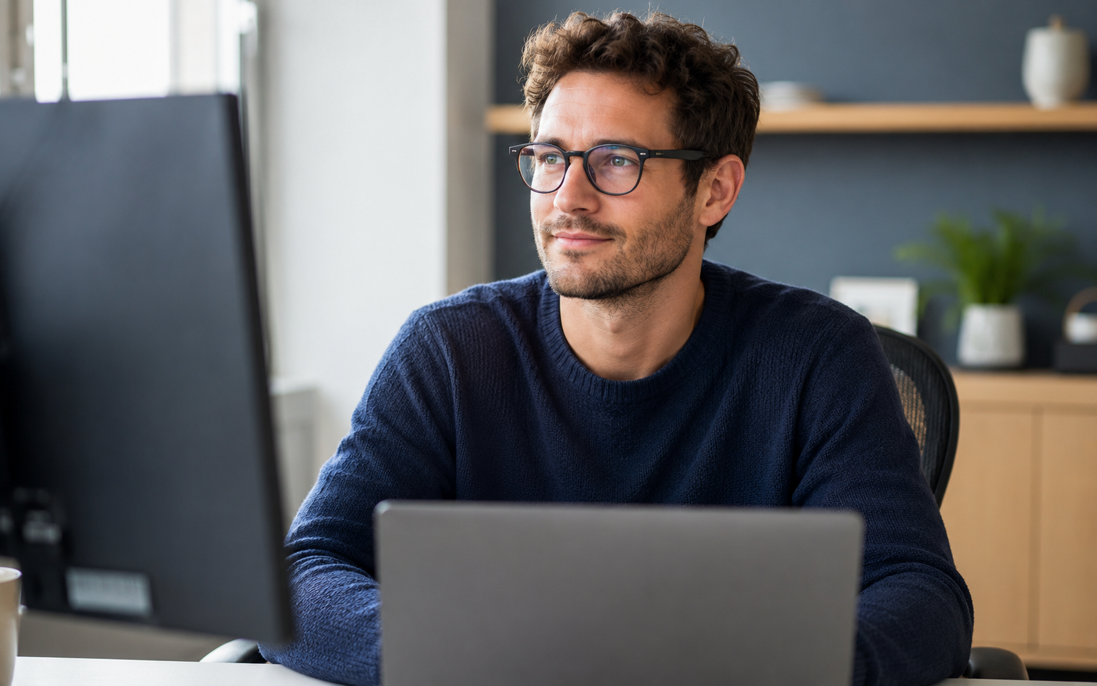 Image showing a man working at a desk, with digital/ blue light coatings on his glasses lenses.
