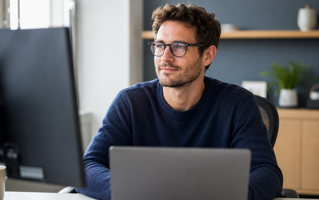 Image showing a man working at a desk, with digital/ blue light coatings on his glasses lenses. 