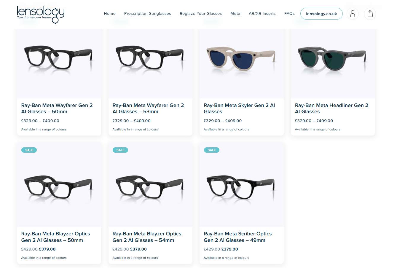 Ray-Ban Meta Gen 2 frames available to buy from Lensology, including Wayfarer, Skyler, Headliner, Blayzer Optics and Scriber Optics