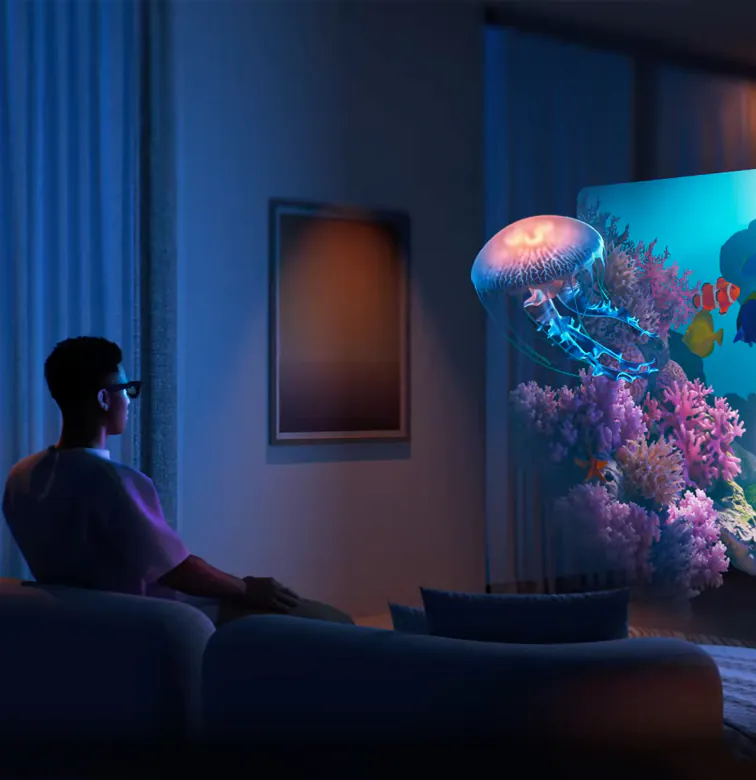 a person wearing viture one glasses