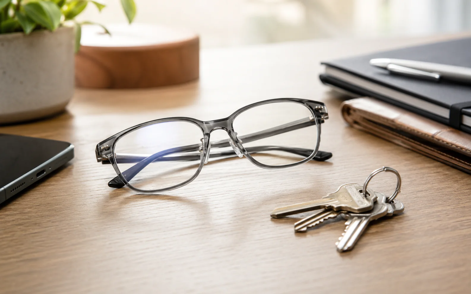 Prescription glasses beside a set of keys on a wooden desk, highlighting scratch-resistant lens protection for everyday use.