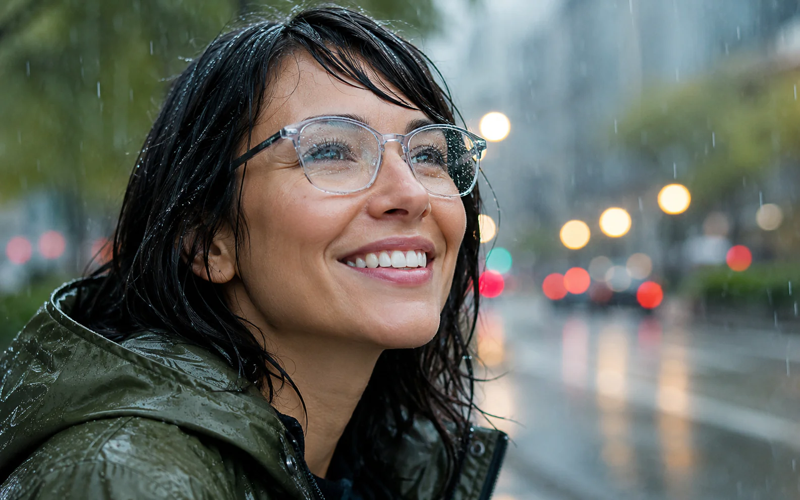 An image shwoing a woman wearing glasses with hydrophobic coatings on the lenses, smiling in the rain.